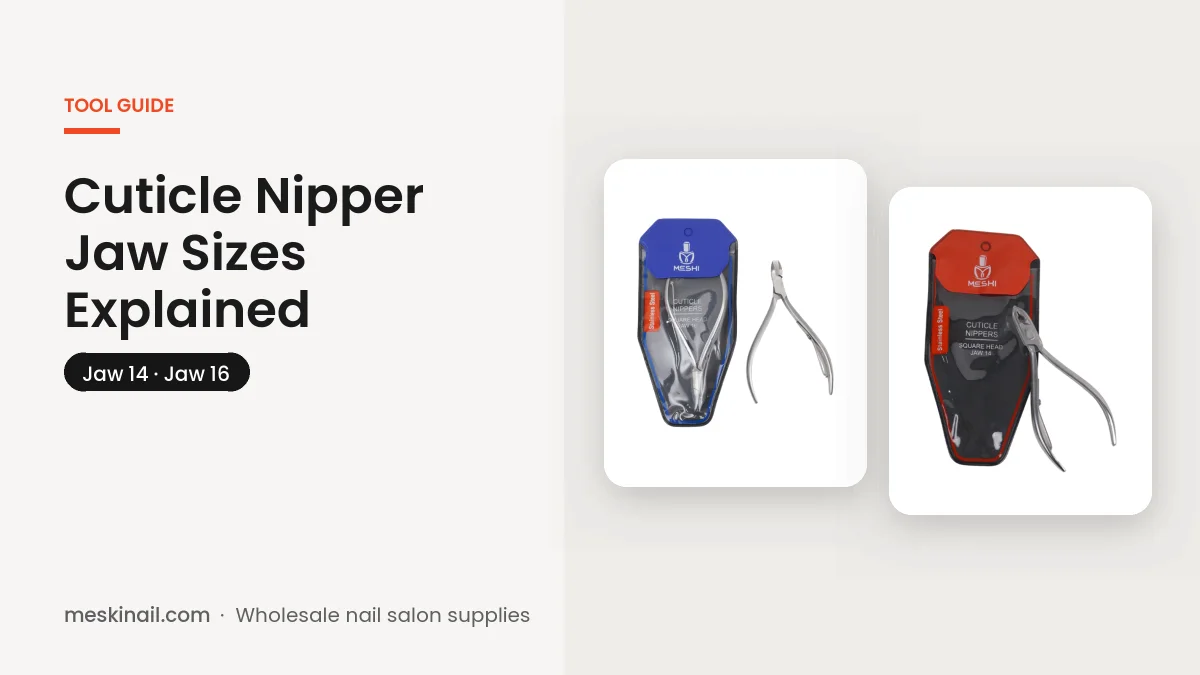 Meski stainless steel cuticle nippers in blue (jaw 16) and red (jaw 14)