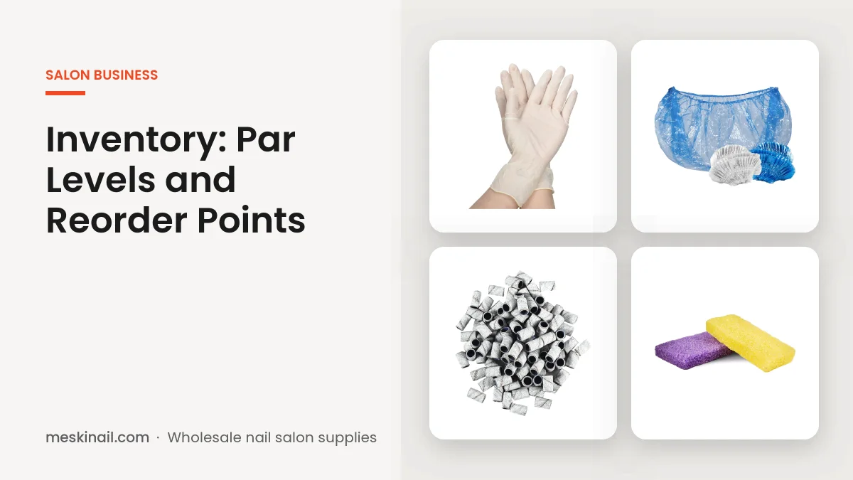 Nail salon inventory bought by the case: latex gloves, spa liners, sanding bands and mini pumice