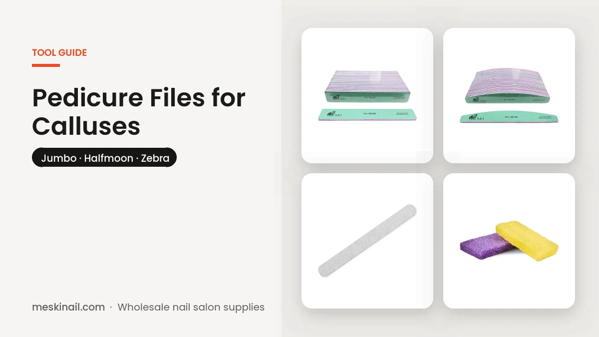 Pedicure files for calluses: green jumbo file, green halfmoon file, zebra file and mini pumice