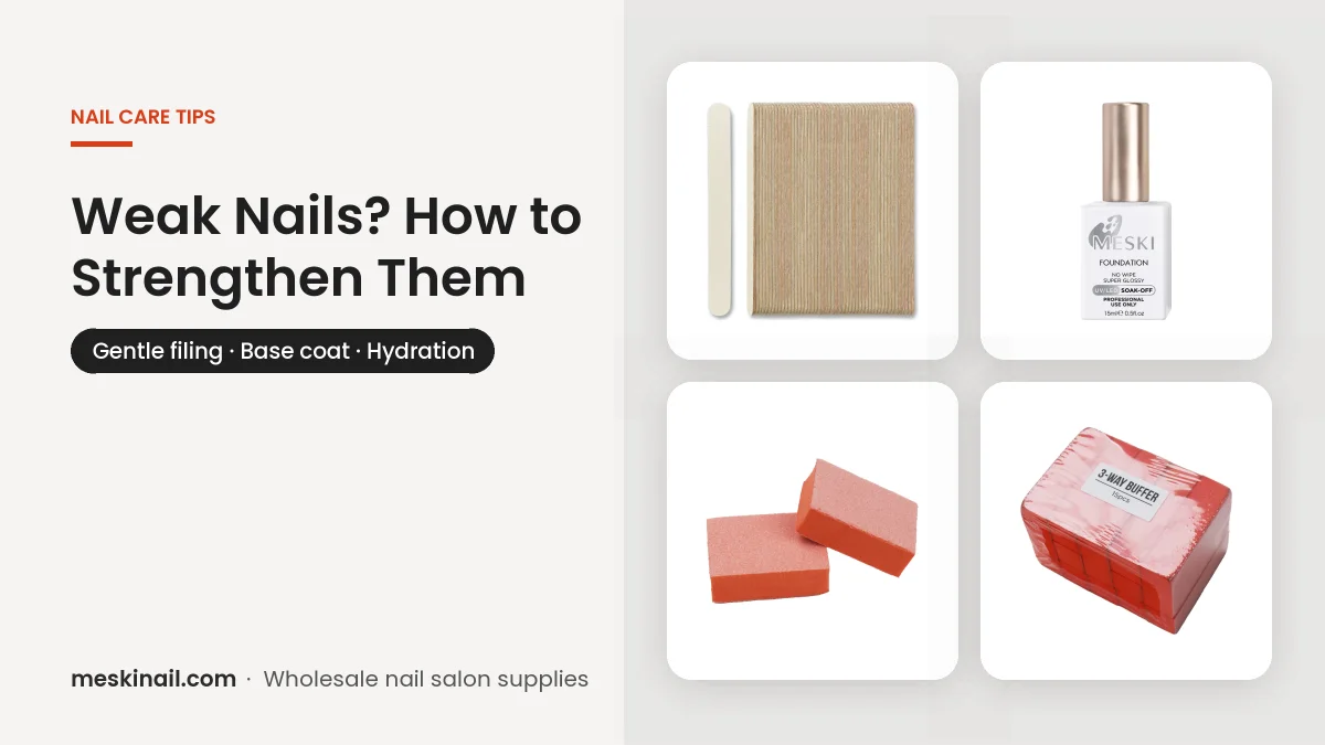 Weak nails guide from Meski Nail N More: gentle filing, Foundation base coat and hydration, with a white wood nail file, Meski Foundation, mini buffers and a 3-way buffer